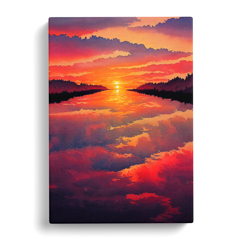 Sunset Lake Watercolour No.5 - Wrapped Canvas Painting, 50cm H x 35cm W x 3cm D