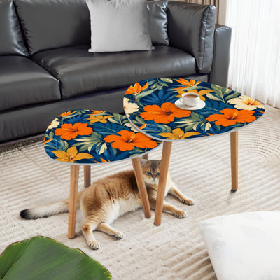 Triangle Nesting Coffee Table Set of 2 Colorful floral Dark floral Floral for decoration fabrics End Table Modern Minimalist Side Table Set for Living Room Bedroom