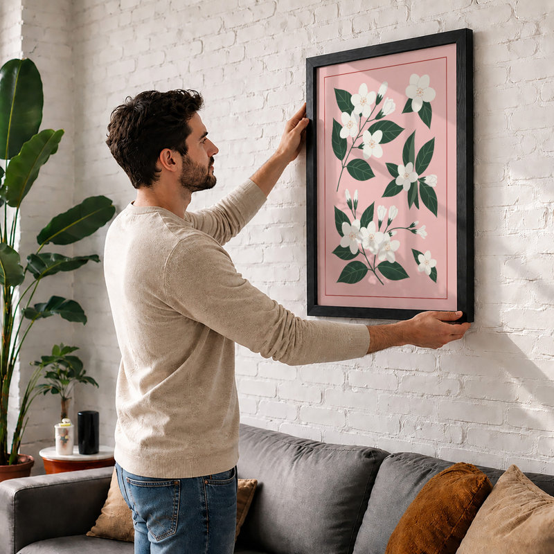 White Flowering Stems Botanical - Framed Print, Black, A3 - 42.0 x 29.7 cm