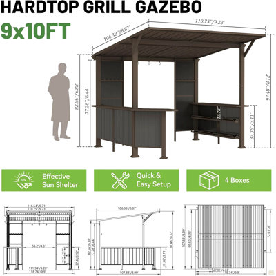 Pavillon de jardin à toit rigide 9 po x 10 pi, pavillon de barbecue incliné vers l'extérieur avec tablettes de rangement et plateforme d'extension, auvent de barbecue à toit rigide en acier galvanisé pour terrasse, jardin, brun