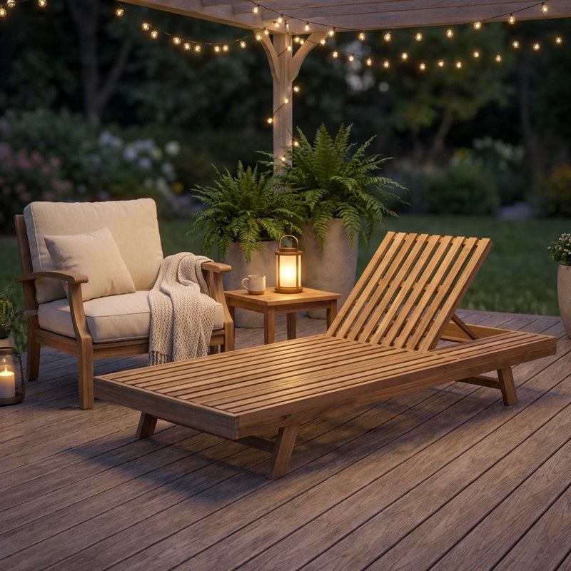 Chaise longue pliable en bois d'acacia massif avec dossier réglable et surface de rangement plane, Brun pâle