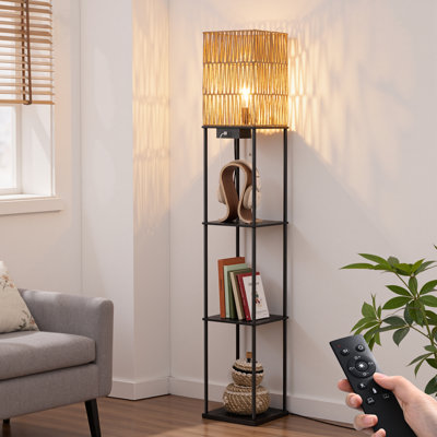 63.8" Rattan Floor Lamp With Shelves And Usb Port