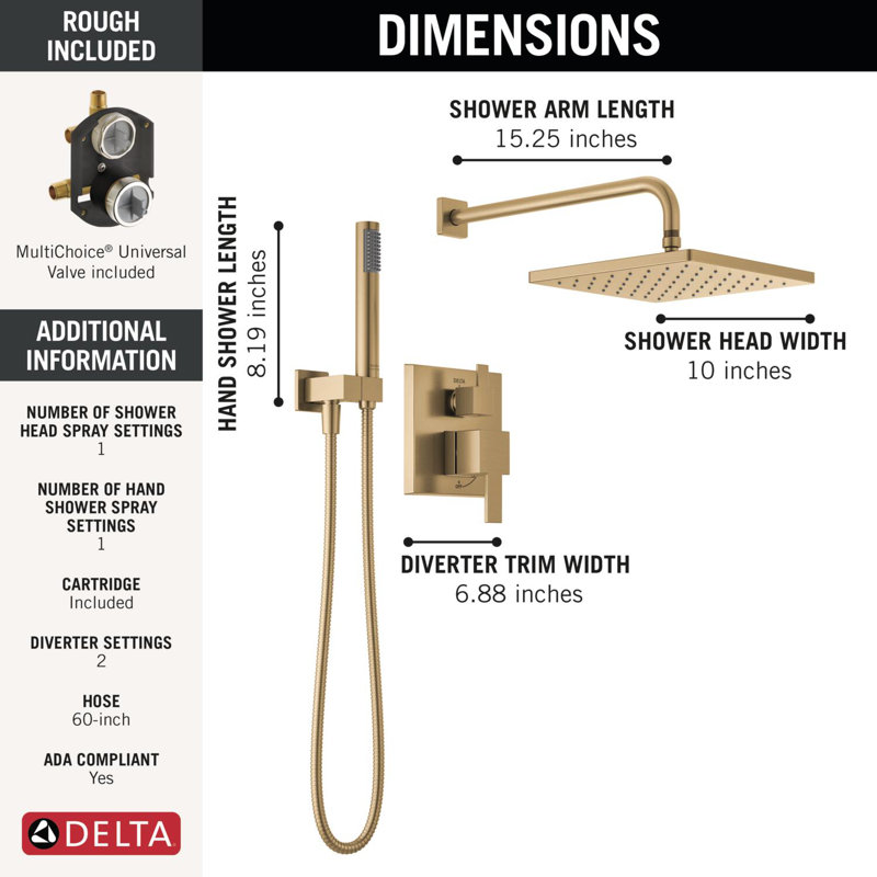 Modern 14 Series Square Rain Shower System Faucet Set, Rainfall Brushed Gold Shower Head and Handle Set, Valve Trim Kit, 10 Inch, Champagne Bronze