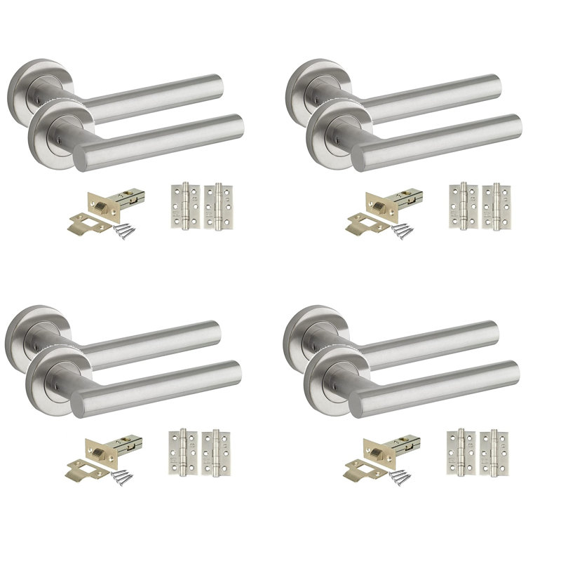 4 Pairs Straight T-Bar Door Handles with Spindle and Fixings, Satin Nickel