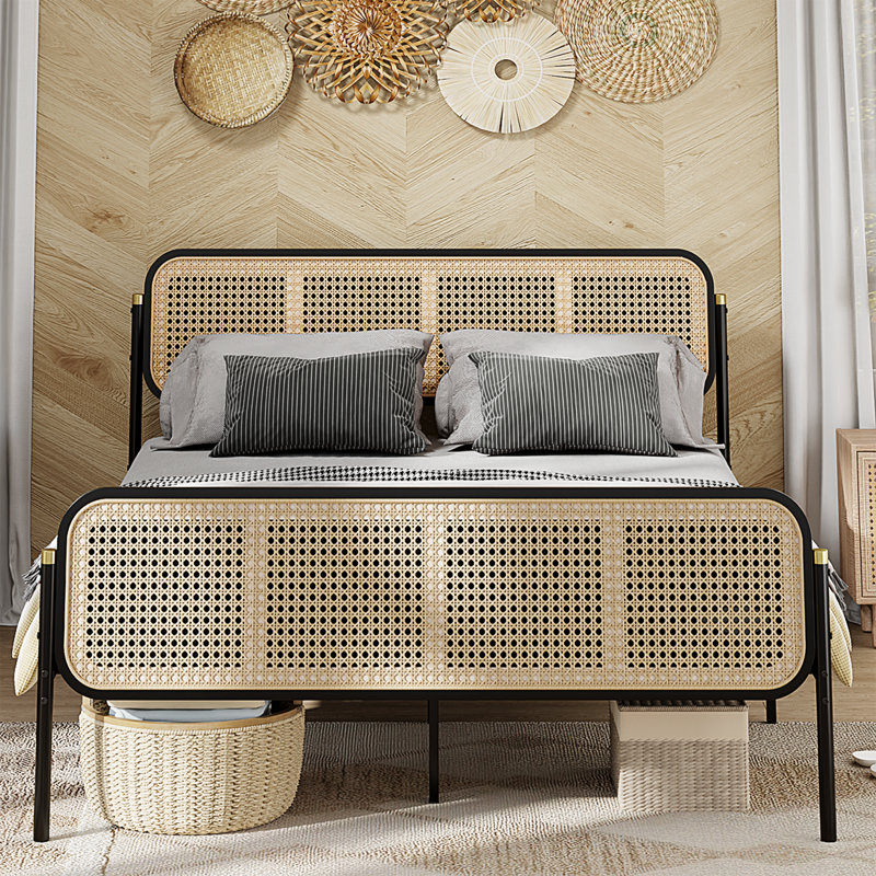 Ceira Rattan Bed Frame With Headboard, Boho Bed Frame Platform, Full