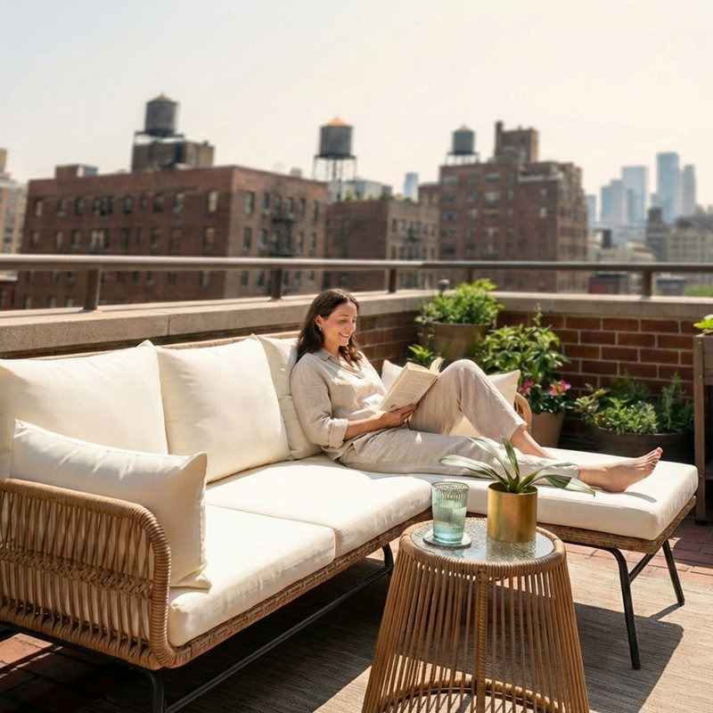 Outdoor L-shaped Rattan Sofa Set Boho Style, Beige, Beige Cushion/Brown Frame