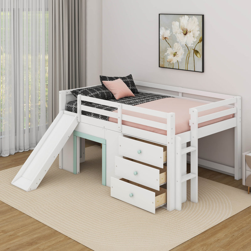Full Size Low Loft Bed With Slide,Drawers And Doors