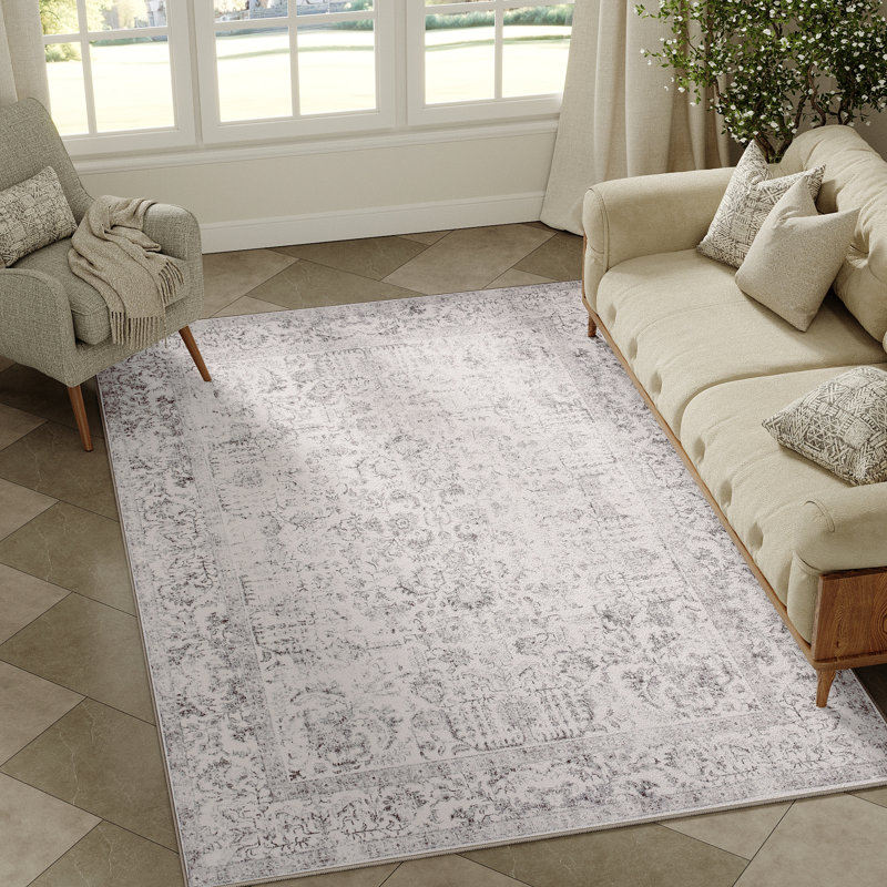 Kitty Machine Washable Vintage Area Rug With Non-Slip Backing, Gray, Rectangle 3' x 5', 0.28"