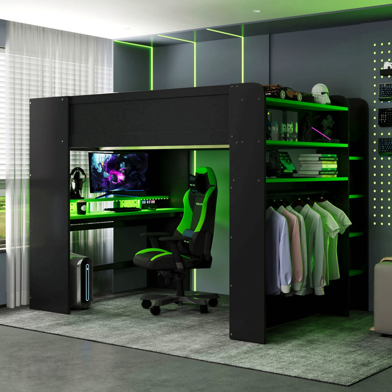 Lit double superposé en bois pleine grandeur avec bureau à hauteur réglable, garde-robe, grand espace de rangement et lumière RVB, vert