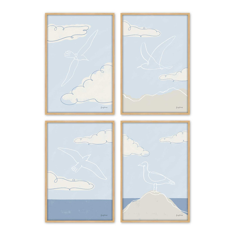 Ensemble de 4 impressions Chill Seagulls, 12 po x 8 po, Impression encadrée, Érable
