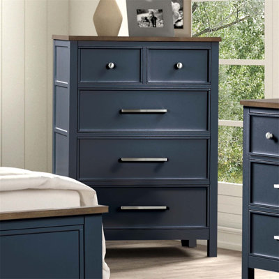 Commode de style campagne moderne avec tiroirs en queue d'aronde anglaise, glissières à roulement à billes et finition bicolore bleue et brune