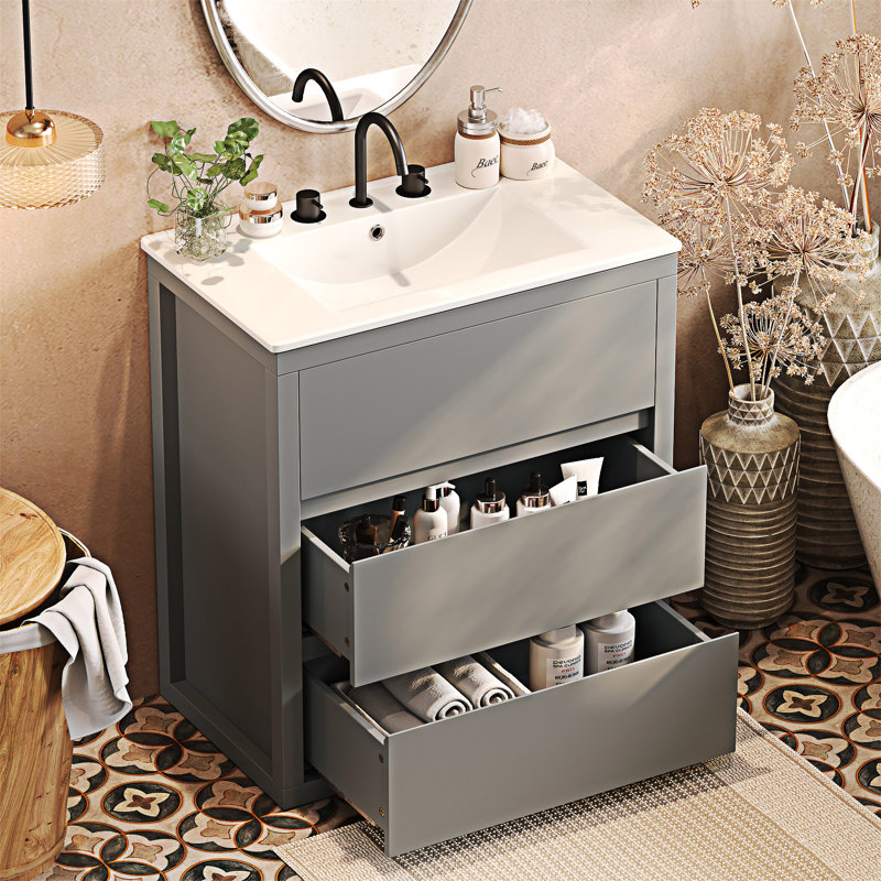 Meuble-lavabo autoportant avec lavabo et tiroirs en céramique, Gris