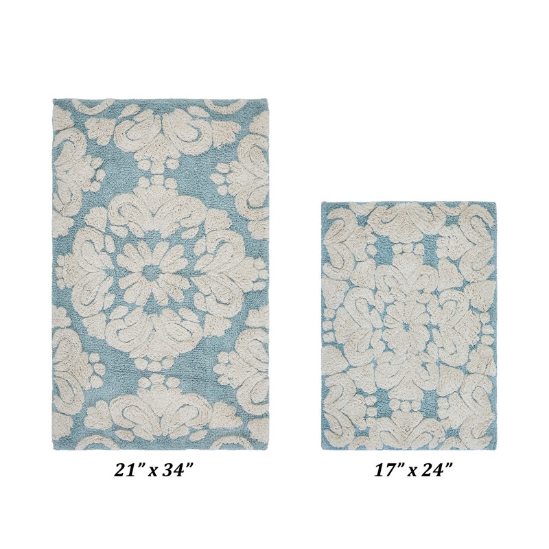 Ensemble de tapis de bain 2 pièces 100% coton 1885 GSM Danitra Premium, certifié OEKO-TEX®, envers en latex antidérapant, tapis de bain touffetés moelleux pour la douche, la baignoire, le lavabo et le meuble-lavabo, super absorbant, lavable à la machine, bleu