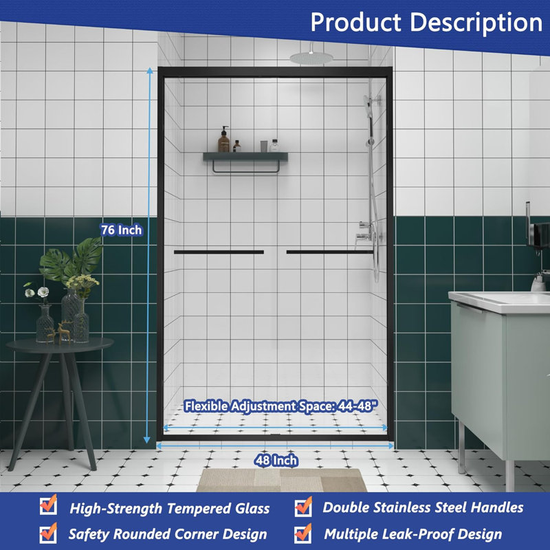 44-48"x76" Aluminum Frame Tempered Glass Shower Door, Bathroom Double Sliding Door With Premium 1/4" (6mm) Clear Tempered Glass For Walk-in Shower, Black Hardware Sliding Shower,matte Black