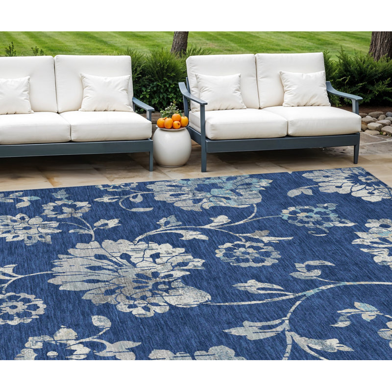 Tapis extérieur lavable floral bleu marine et gris 10 pi x 14 pi