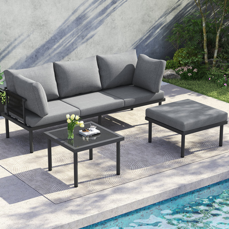 Corner Garden Furniture Set With Sofa, Coffee Table, And Footstool