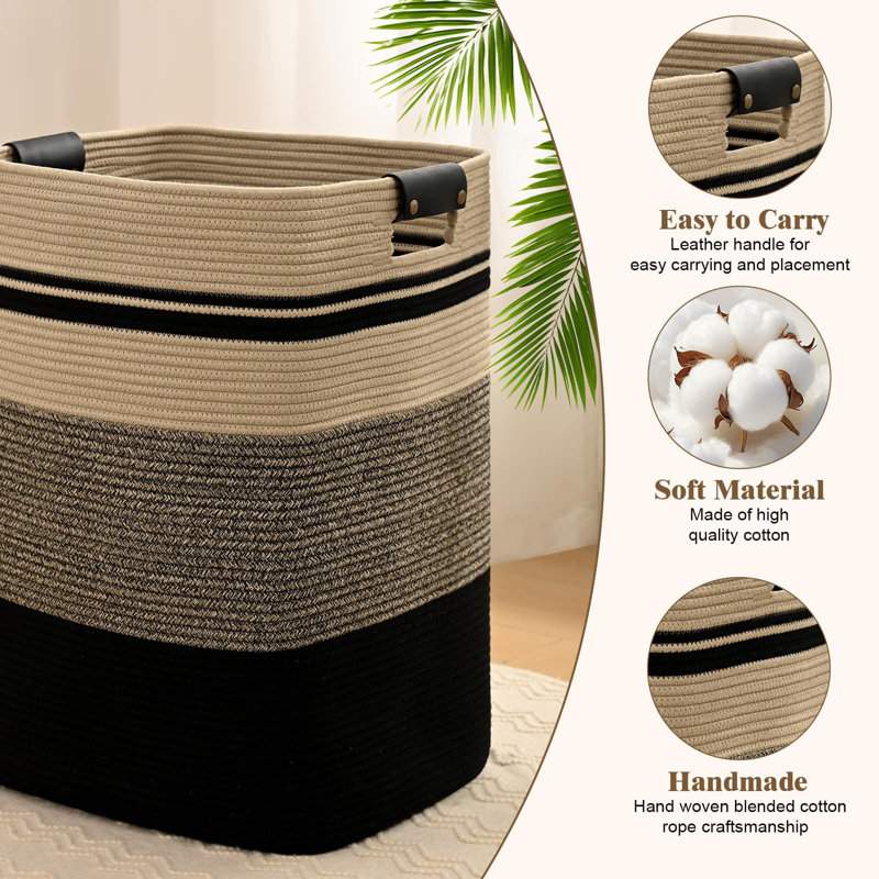 Panier à linge 95L avec poignées en cuir