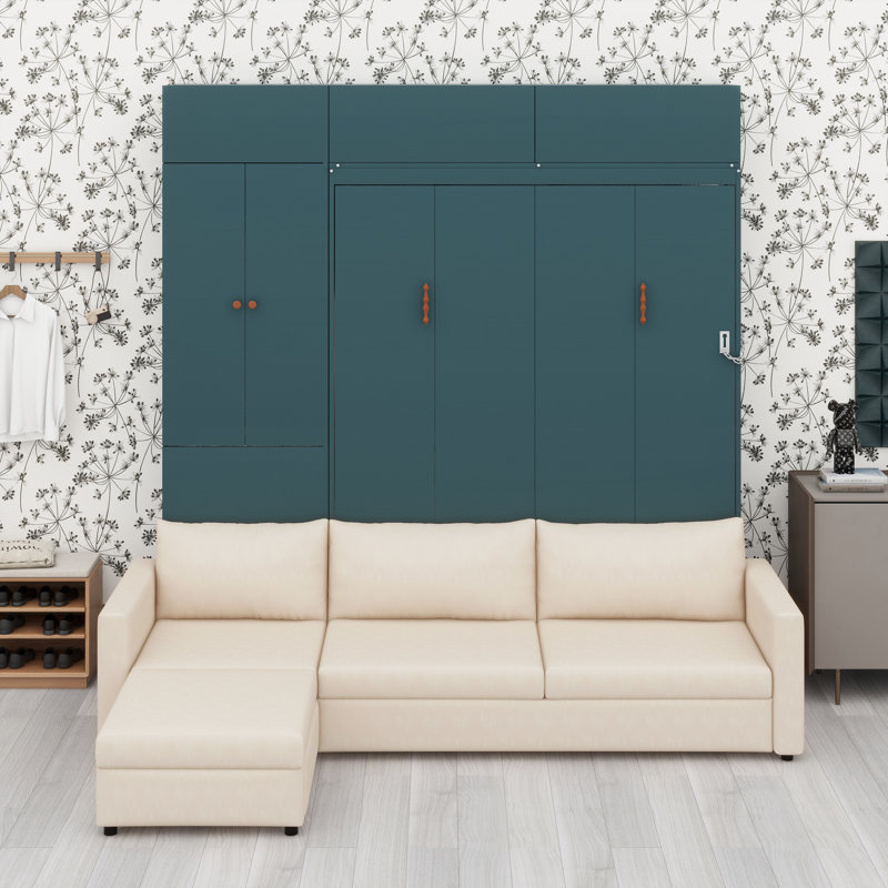 Lit escamotable mural avec canapé et tablettes de rangement, Vert