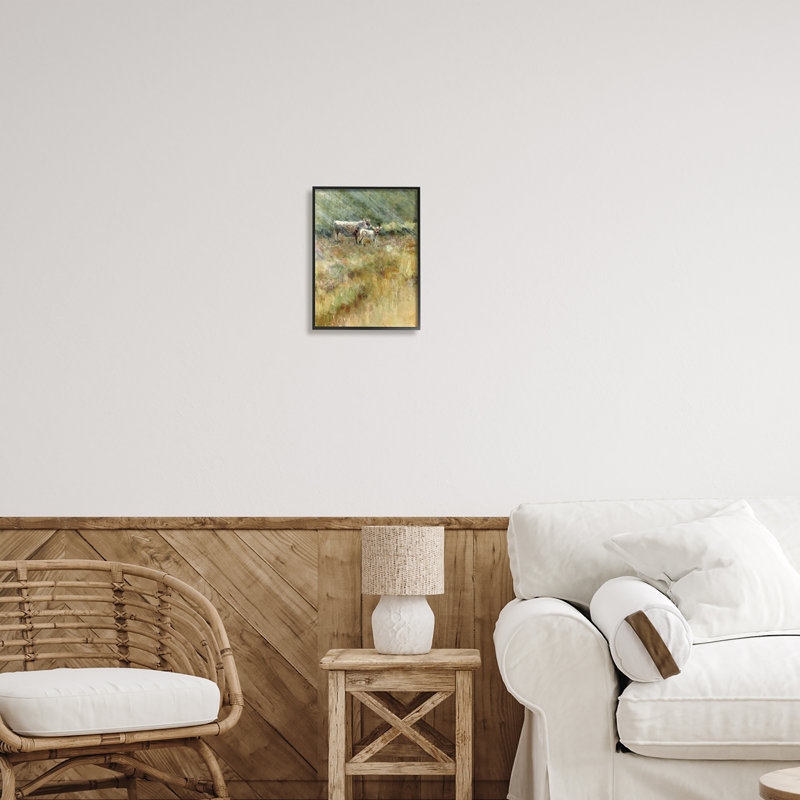 Sunlit bovins qui broute par Kamdon Kreations - peinture à cadre flottant sur bois, H 14 po x l 11 po x P 1,5 po