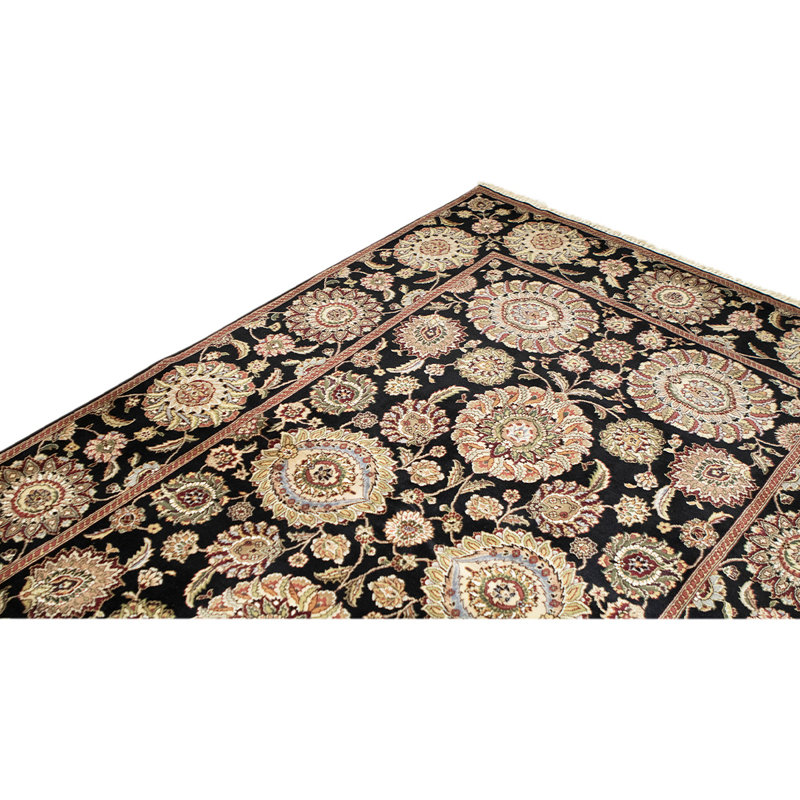 Tapis noir / beige en laine noué à la main de conception unique 5 pi 9 po x 8 pi 9 po