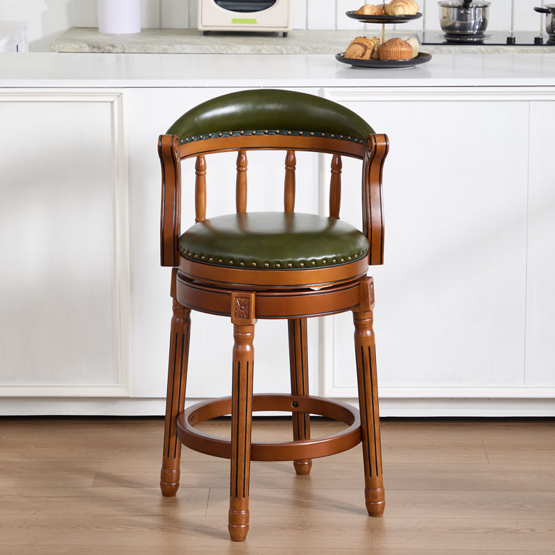 Genuine Leather Bar Stool with Solid Wood Frame - Swivel, Mid-Back Ventilated Design & Footrest