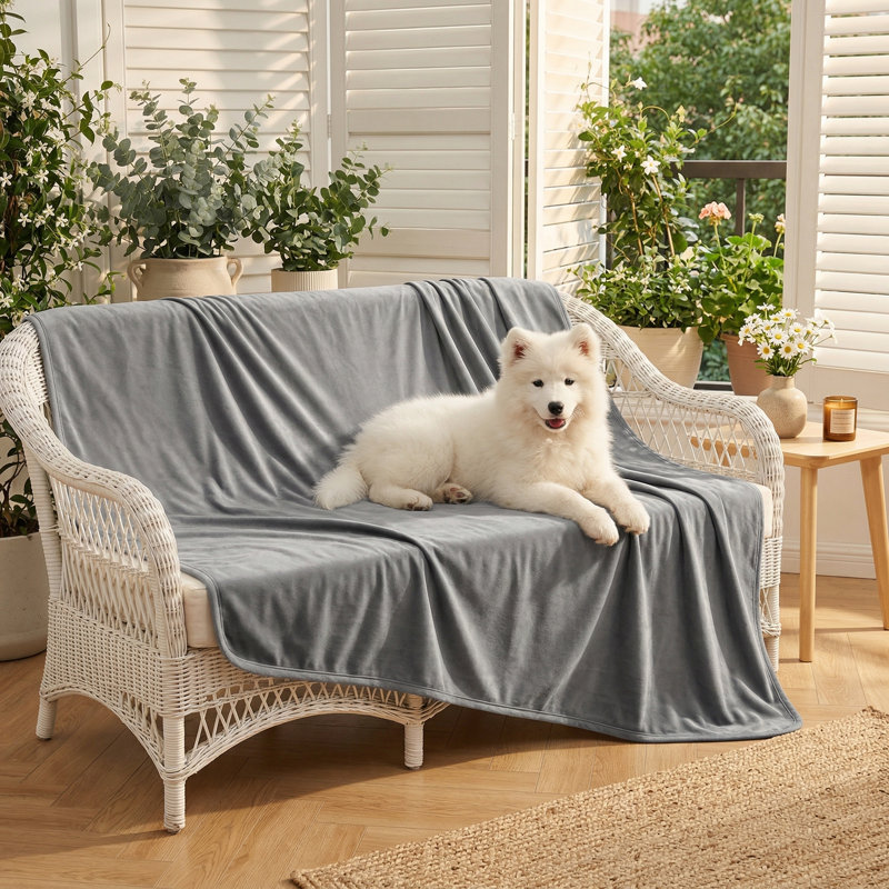 Couverture pour lit réversible pour animaux de compagnie. 100% résistant à l'eau. Fabriqué en velours. Extrêmement doux. Pour les canapés et les lits. Dimensions: 40 x 60 pouces. Combinaison de couleurs: gris clair et gris.