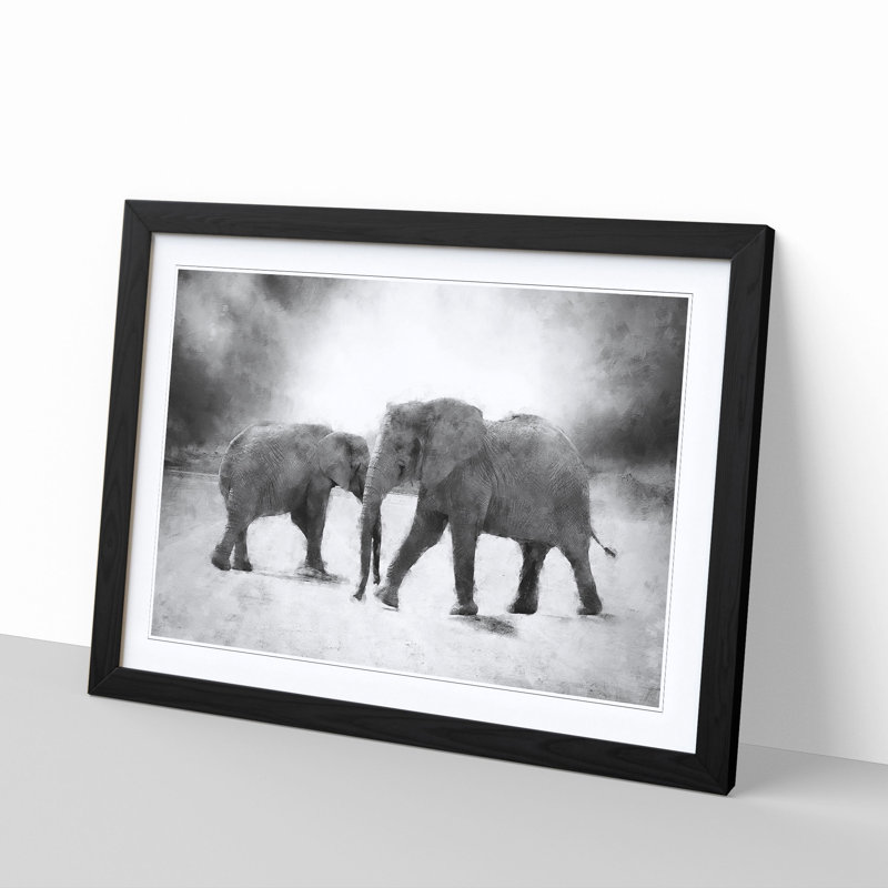 Elephants Crossing Paths - Picture Frame Graphic Art Print, Black Framed, 33cm H x 45cm W x 2cm D