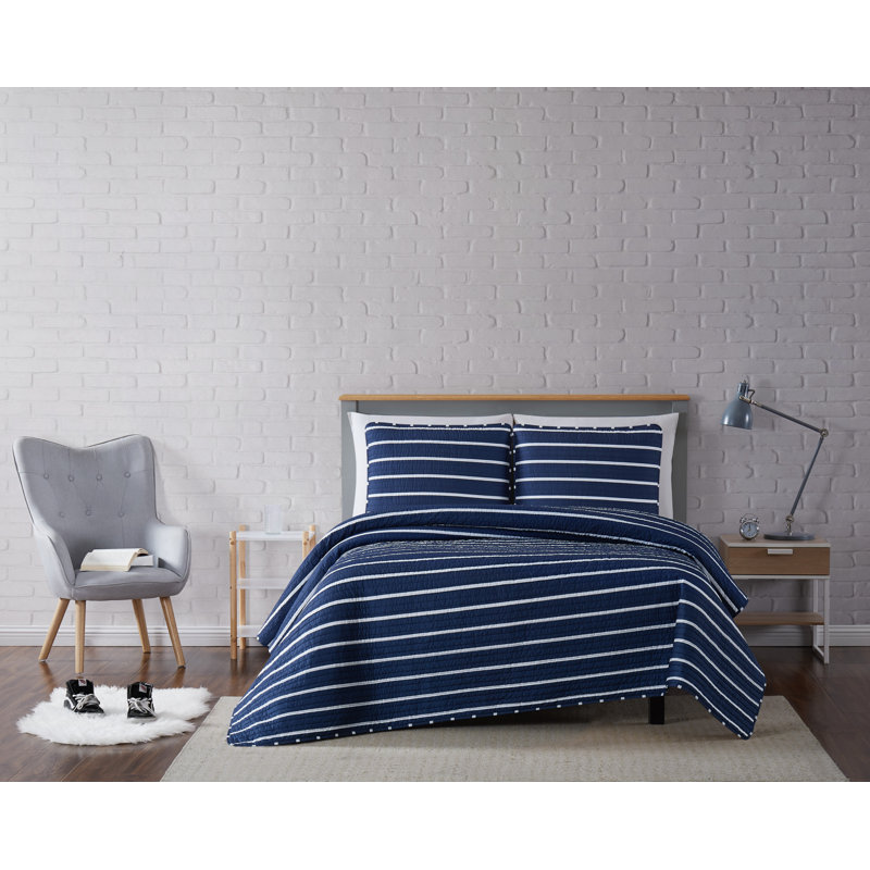 Polyester Striped Quilt, Navy, Queen Quilt + 2 Shams