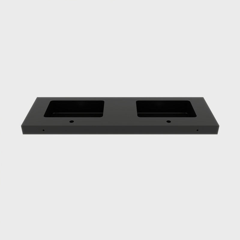 BB02-60-109, deux lavabos intégrés en quartz d'ingénierie SANS drain et robinet, couleur noir mat, Noir mat