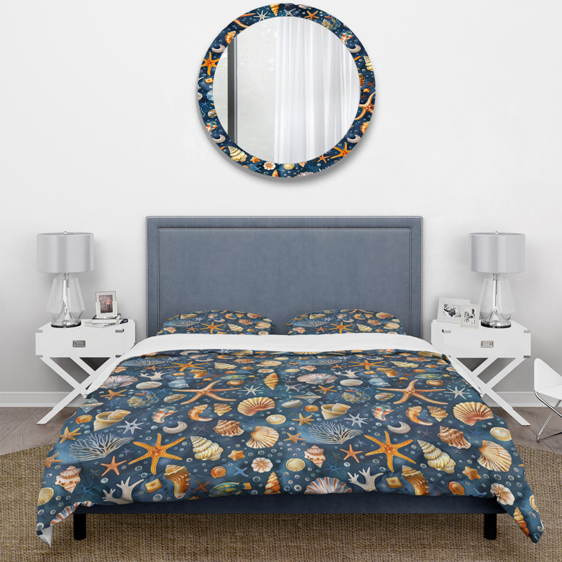 Ensemble de housse de couette orange bleu côtier Seashells IV - Coastal, Housse de couette très grand et 2 très grandes t