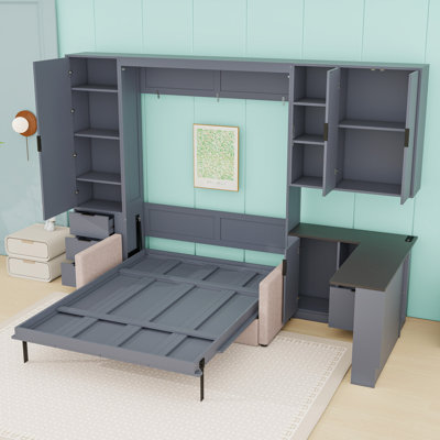 Murphy Bed with Hydraulic Storage, Sofa, Shelves, Drawers and LED Lighting