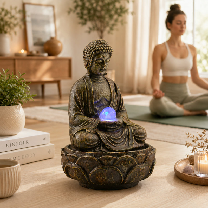 Fontaine de table de Bouddha lumineuse en résine 11 "à DEL pour bureau, salon, chambre à coucher et espace de méditation