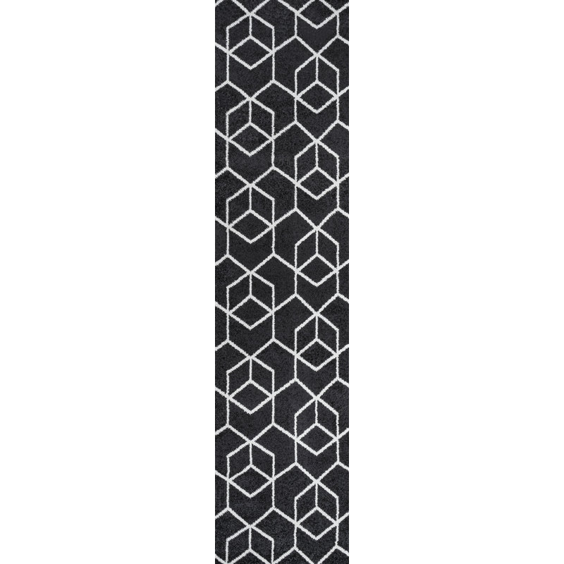 Mashawna Blocks Modern Geometric Black/White Rug, Runner 2' x 8'