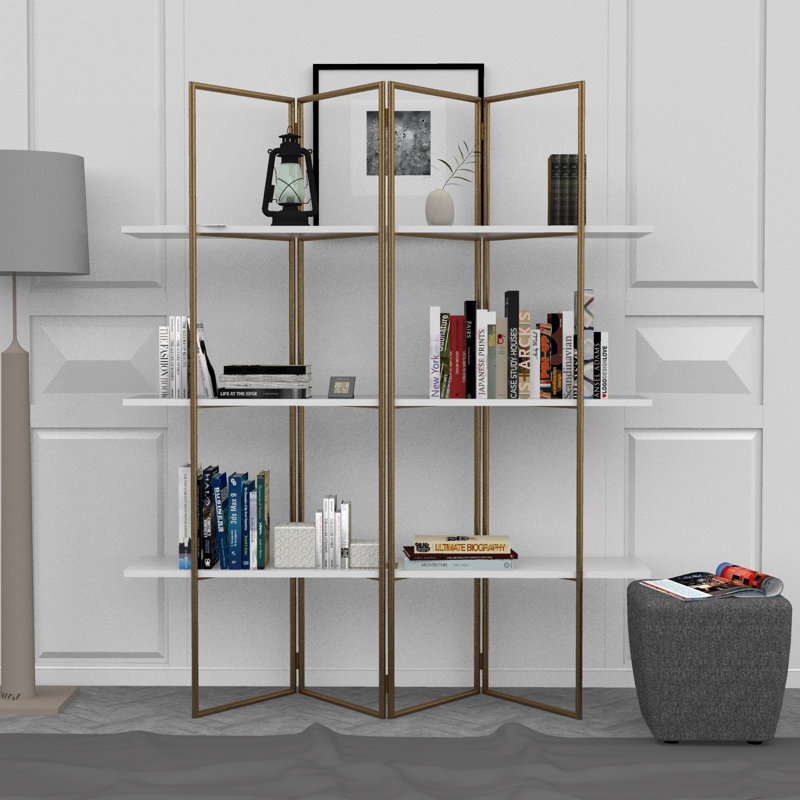 Golden Metal Frame Folding White Bookcase, Wide Panel, Large 71 Inch Etagere Display Shelf, Gold/White