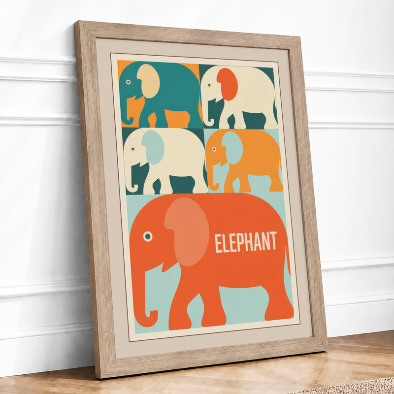 Elephant Study Grid Mid-Century - Framed Print, A3 - 42.0 x 29.7 cm, Oak