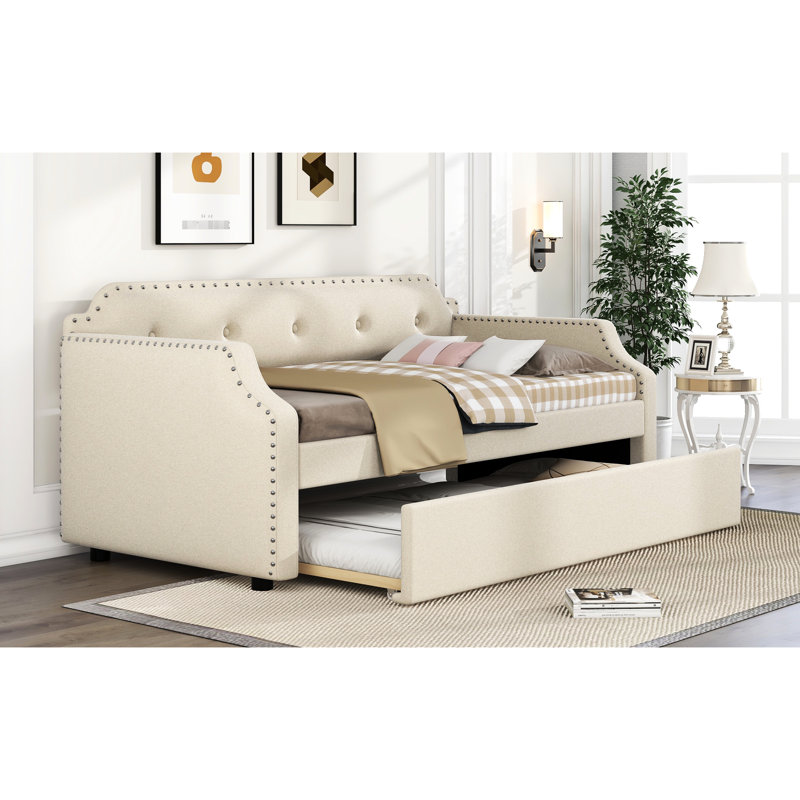 Lit de jour rembourré avec lit gigogne, beige pour lit simple, Beige