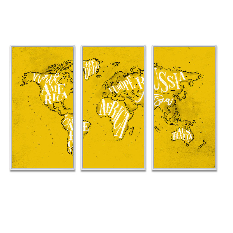 Carte du monde vintage rétro - cartes murales sur toile, ensemble de 3, H 32 po x l 48 po x P 1 po, Blanc