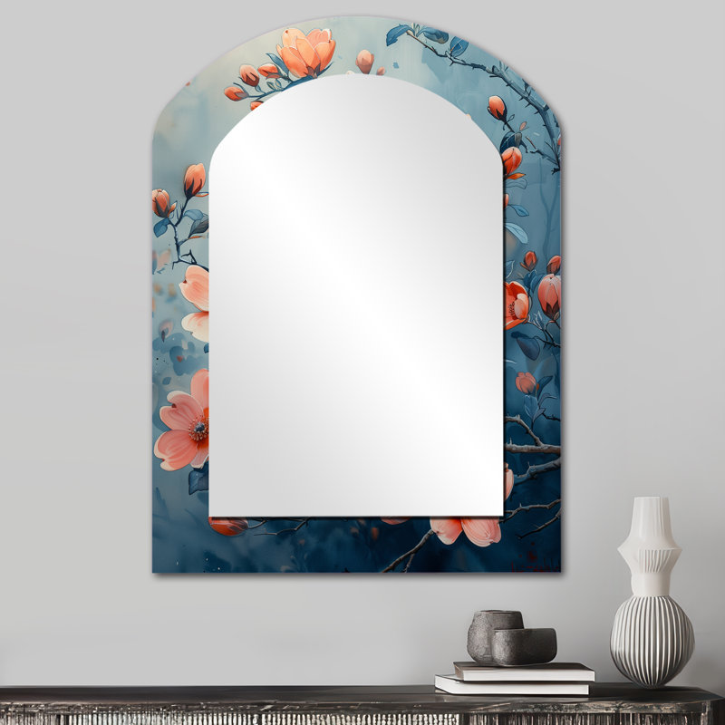 «Garden of Dreams» Dogwood I - miroir décoratif en arche cornouiller, miroir mural asymétrique rose, impression sur métal
