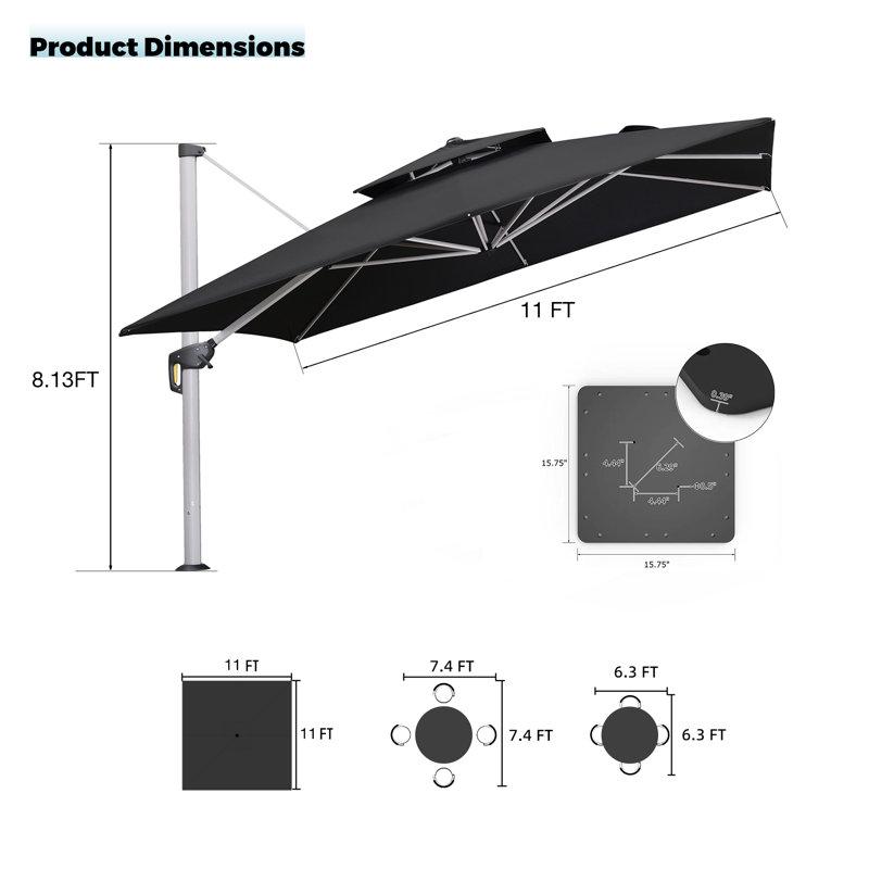 Parasol carré en porte-à-faux 11 pi avec base en tôle d'acier Zarnish, Noir