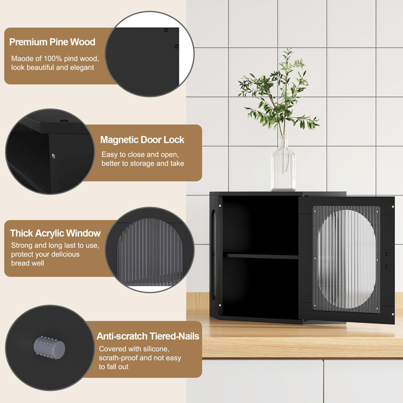 Corner Bread Storage Container Double Layer Wooden Breadbox Homemade Bread Loaf Bin Farmhouse Coffee Bar Pantry Shelf With Acrylic Window, Black