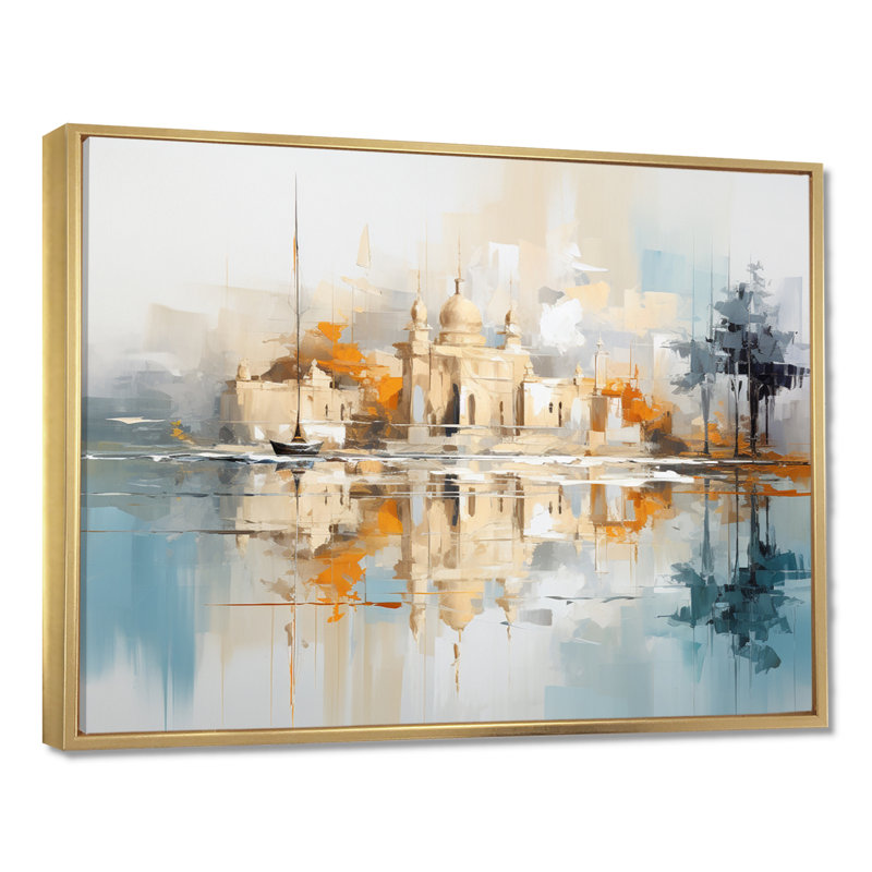 Eastern City Golden Sunset - Art mural de bâtiments de la ville, H 16 po x l 32 po x P 1 po, Toile avec cadre flottant or