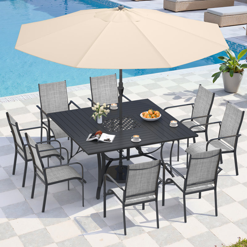 9 Piece Patio Dining Set, Outdoor Dining Table And Chairs Set For 8, 8 PVC-coated polyester Chairs, 1 Iron Square Table With Adjustable Umbrella Hole, Patio Furniture Set For Deck, Backyard, Lawn, Poolside