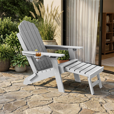 Folding Adirondack Chair with Retractable Ottoman, HIPS Weather-Resistant Patio Chair