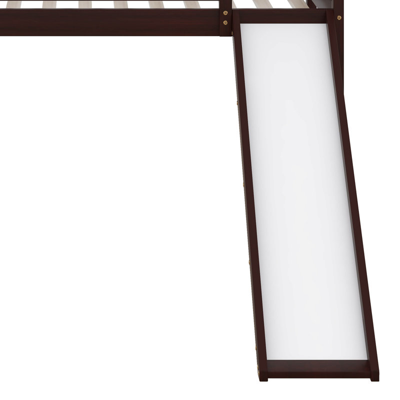 Twin House Loft Bed With Slide, Wood Playhouse Loft Bed Frame With Ladder And Roof For Kids, Espresso