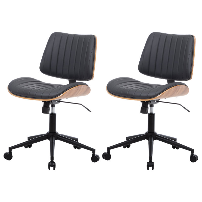 Armless Walnut Bentwood & Faux Leather Swivel Office Chair with Adjustable Height and Recline, Black