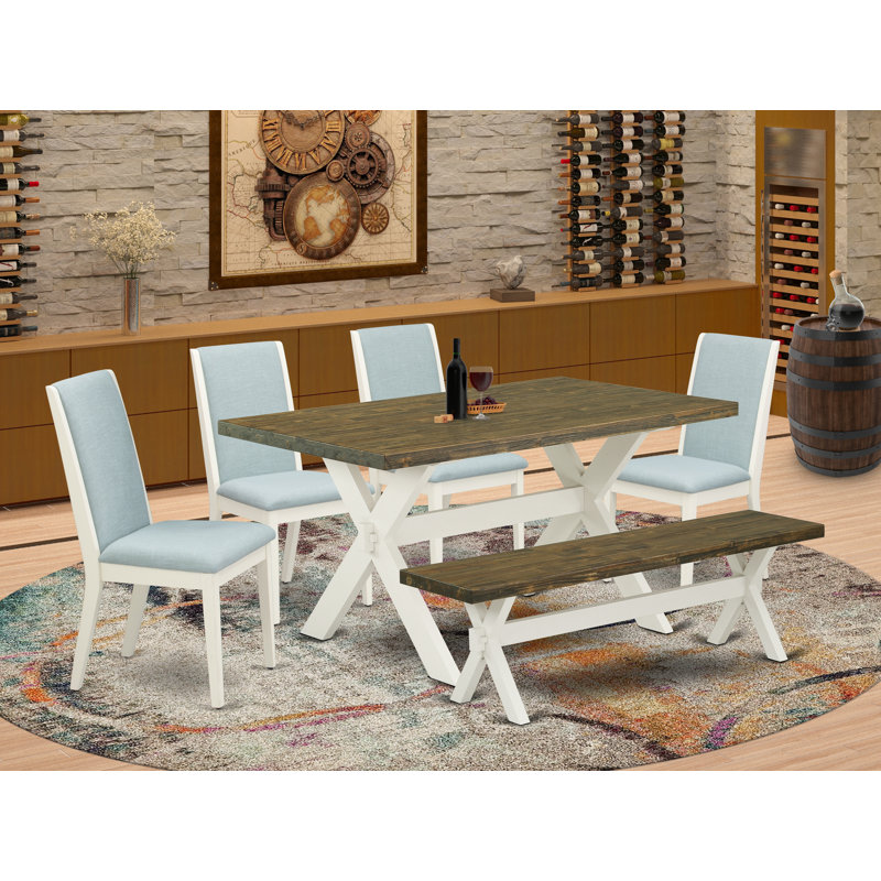 6 Piece Dining Set Contains a Rectangle Dining Room Table with X-Legs and 4 Baby Blue Linen Fabric Parson Chairs with a Bench, linen white