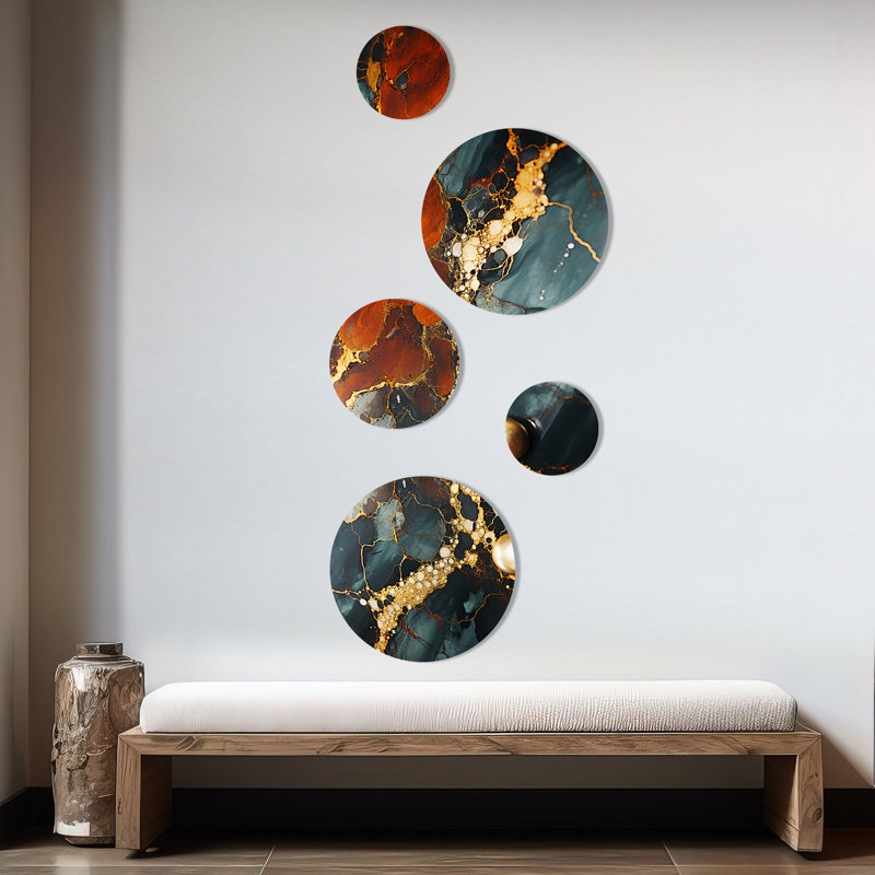 Or et vert sérénité abstraite Marble Dream V - ensemble d'art mural rond en marbre de 5