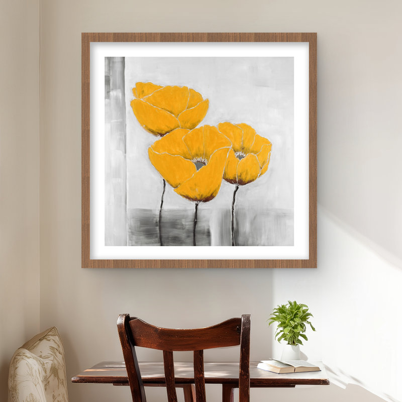 Trois fleurs jaunes - chambre à coucher industrielle, impression encadrée
