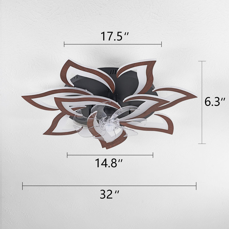 Ceiling Fan With Lights Remote Control, Wooden Geometric Color 6 Speeds Low Profile Flush Mount Ceiling Fan With Light For Kitchen Bedroom Living Room