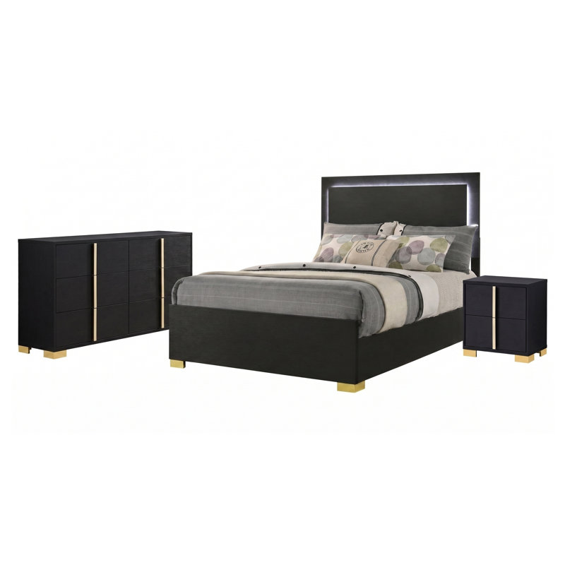 Ensemble de chambre à coucher complet Josephine 3 pièces avec tête de lit à DEL, commode et table de chevet en bois d'ingénierie noir